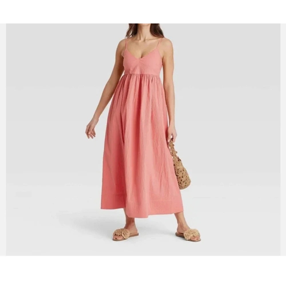 NWT A New Day Seersucker Maxi A-Line Dress Coral Pink Sz XL